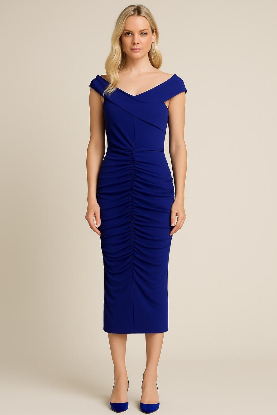 Nicole Miller Royal Blue Off-Shoulder Ruched Midi Dress | Size 4